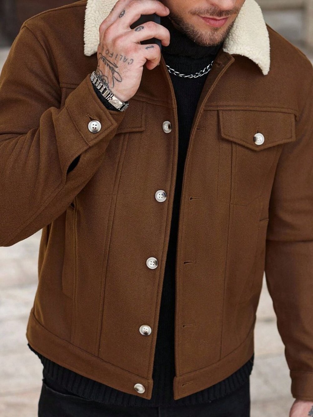 Brown Casual Men's Plain Loose Single Breasted Long Sleeve Jacket